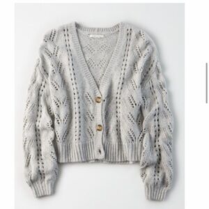 American Eagle Outfitters Light Gray Open-Knit V-Neck Cardigan